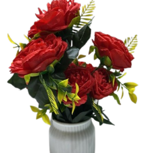 Premium Artificial Red Rose Floral Arrangement in Elegant White Ribbed Vase