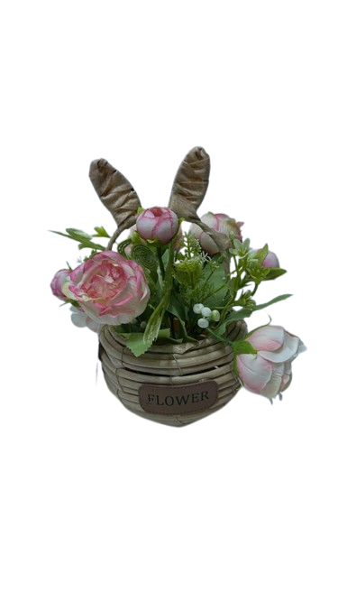 YS2318 ( Elegant Pink Rose Artificial Flower Arrangement in Rustic Basket Pot )