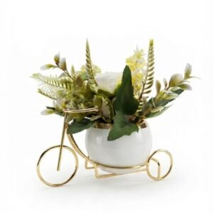 YYS2106 ( Elegant White Floral Arrangement in Golden Tricycle Metal Planter Stand )