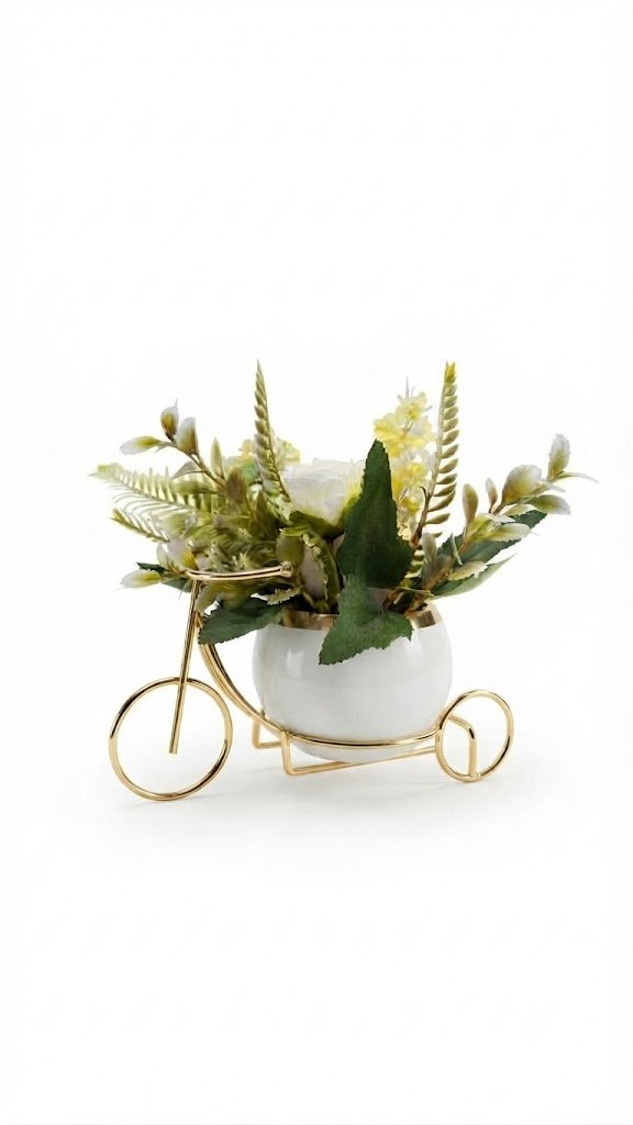 YYS2106 ( Elegant White Floral Arrangement in Golden Tricycle Metal Planter Stand )