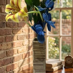 ( Luxury Yellow Lily & Blue Orchid Artificial Flower Arrangement in Rustic Wooden Vase )