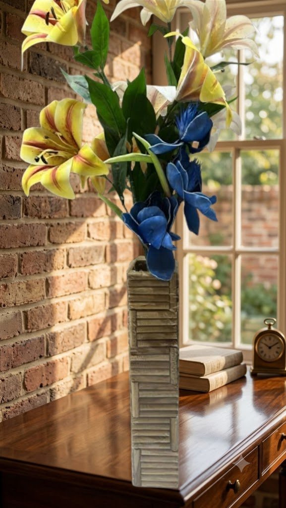 ( Luxury Yellow Lily & Blue Orchid Artificial Flower Arrangement in Rustic Wooden Vase )