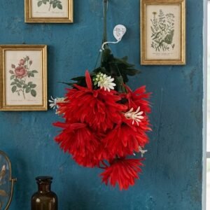 12 ( Artificial Red Chrysanthemum Flower Bunch with White Floral Accents and Green Foliage )