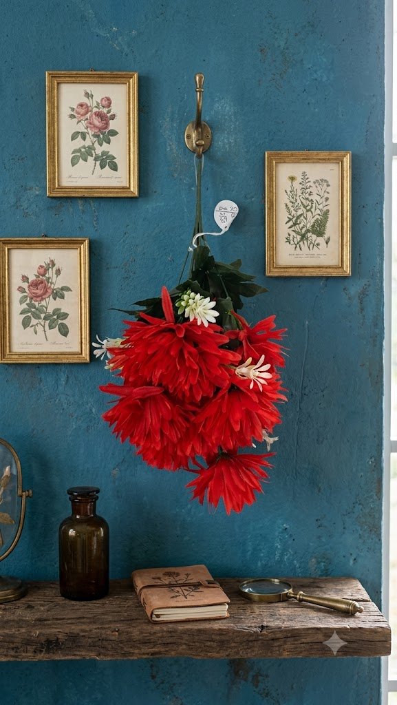 12 ( Artificial Red Chrysanthemum Flower Bunch with White Floral Accents and Green Foliage )