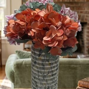 Artificial Hydrangea Flower Bouquet in Rust Orange, Pink & Green with Designer Ceramic Vase