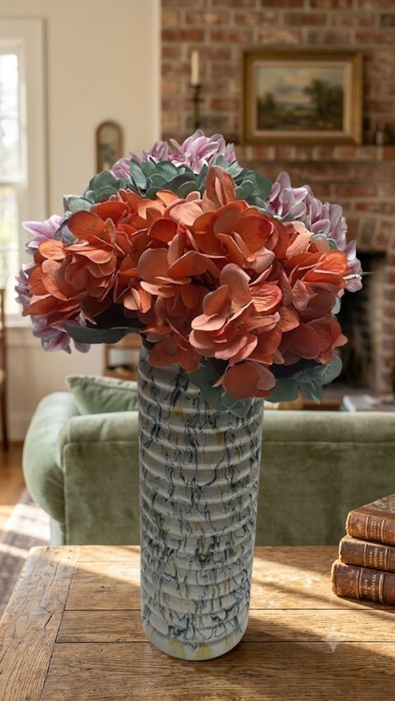 Artificial Hydrangea Flower Bouquet in Rust Orange, Pink & Green with Designer Ceramic Vase
