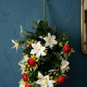 24( Artificial White Piyoni Flowers and Red Rosebud Bouquet with Green Foliage )