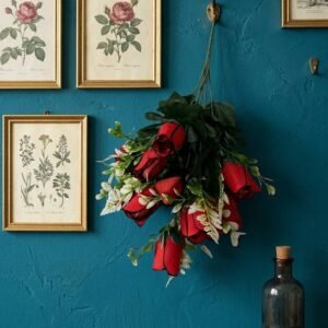12 ( Artificial Red Rose Bud Bouquet with Green Leaves and Decorative Fern Foliage )