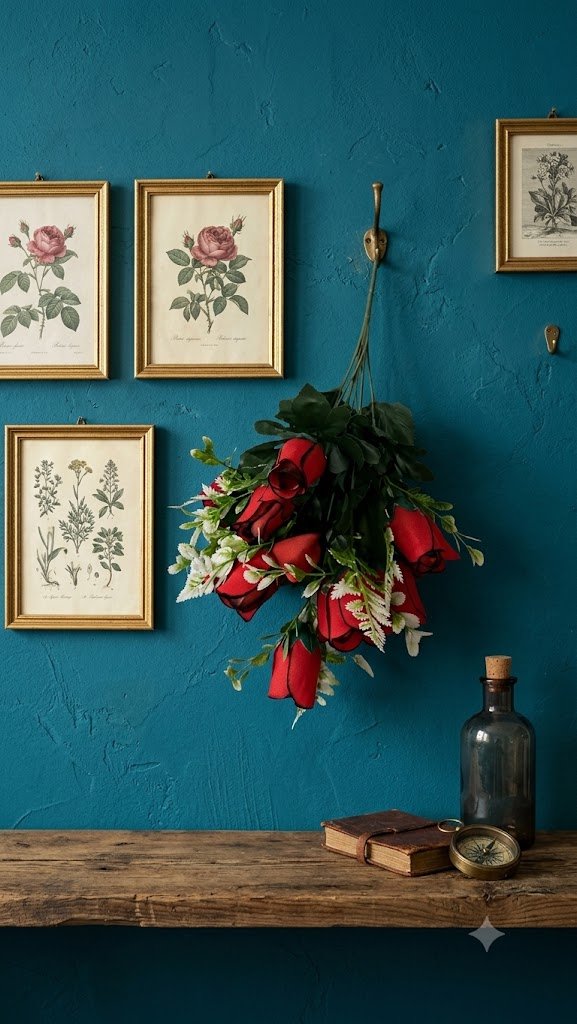 12 ( Artificial Red Rose Bud Bouquet with Green Leaves and Decorative Fern Foliage )