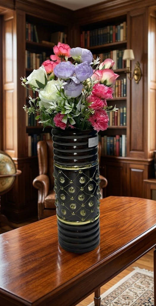 Luxury Multicolour Artificial Flower Arrangement in Decorative Black & Gold Designer Vase