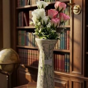 Elegant Pink & White Artificial Rose Arrangement in a Green Marble-Effect Designer Vase