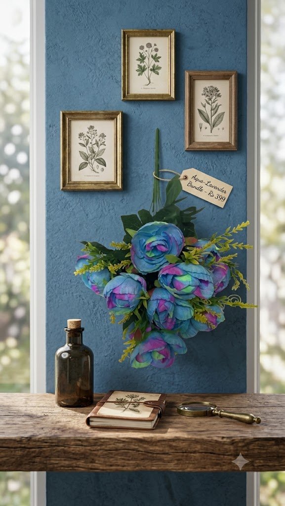 12 ( Artificial Blue and Purple Rose Bouquet with Green Foliage and Yellow Floral Accents )