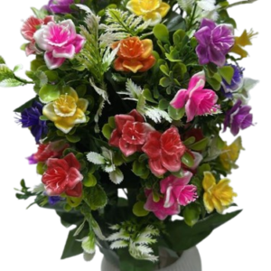 melon pose ( Artificial Multicolour Rose Flower Arrangement with Decorative Ribbed Grey Pot )